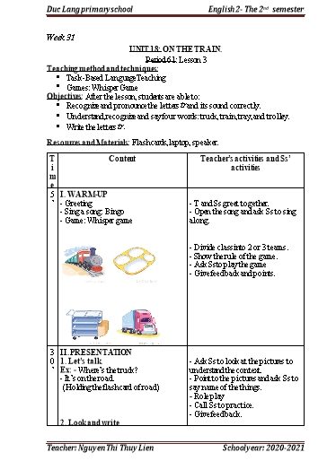 Giáo án Tiếng Anh Lớp 2 - Period 61+62, Unit 18+19 - School year 2020-2021 - Nguyen Thi Thuy Lien