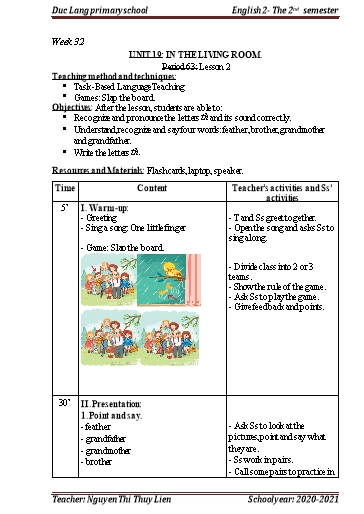 Giáo án Tiếng Anh Lớp 2 - Period 63+64, Unit 19: In the living room - School year 2020-2021 - Nguyen Thi Thuy Lien