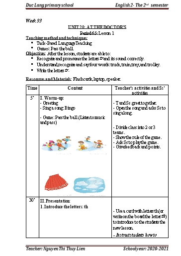 Giáo án Tiếng Anh Lớp 2 - Period 65+66, Unit 20: At the doctor’s - School year 2020-2021 - Nguyen Thi Thuy Lien