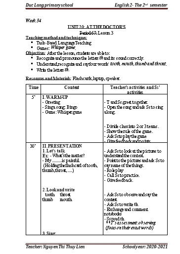 Giáo án Tiếng Anh Lớp 2 - Period 67+68, Unit 20: At the doctor’s - School year 2020-2021 - Nguyen Thi Thuy Lien