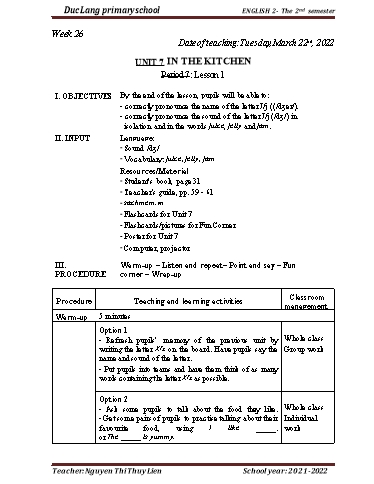 Giáo án Tiếng Anh Lớp 2 - Period 7, Unit 7: In the kitchen. Lesson 1 - School year 2021-2022 - Nguyen Thi Thuy Lien