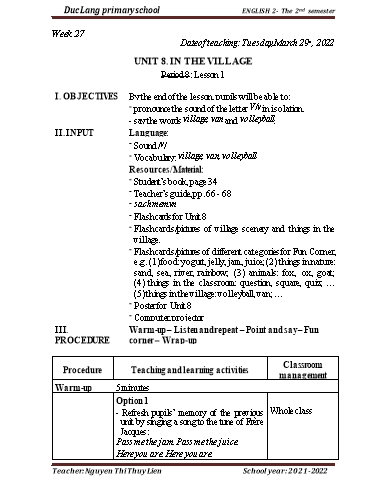 Giáo án Tiếng Anh Lớp 2 - Period 8, Unit 8: In the village. Lesson 1 - School year 2021-2022 - Nguyen Thi Thuy Lien