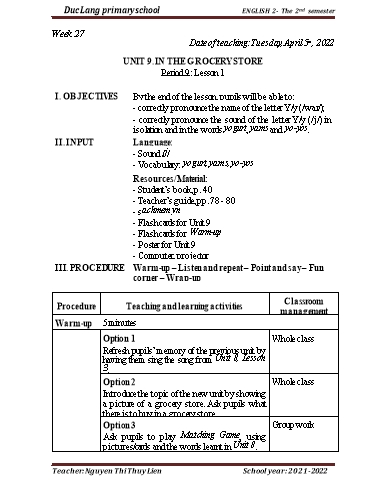 Giáo án Tiếng Anh Lớp 2 - Period 9, Unit 9: In the grocery store. Lesson 1 - School year 2021-2022 - Nguyen Thi Thuy Lien
