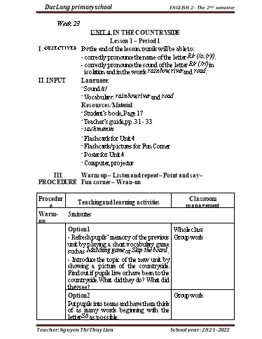 Giáo án Tiếng Anh Lớp 2 - Week 23 - Unit 4. In the countryside. Lesson 1 - School year 2021-2022 - Nguyen Thi Thuy Lien