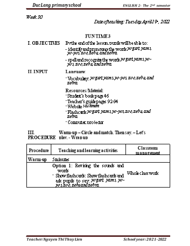 Giáo án Tiếng Anh Lớp 2 - Week 30 - School year 2021-2022 - Nguyen Thi Thuy Lien