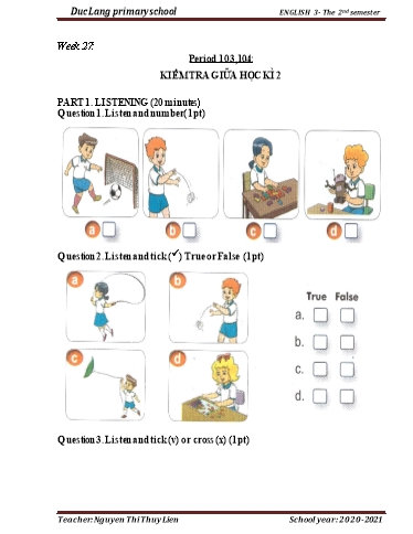 Giáo án Tiếng Anh Lớp 3 - Period 103 to 106 - Unit 16: Do you have any pets? - School year 2020-2021 - Nguyen Thi Thuy Lien