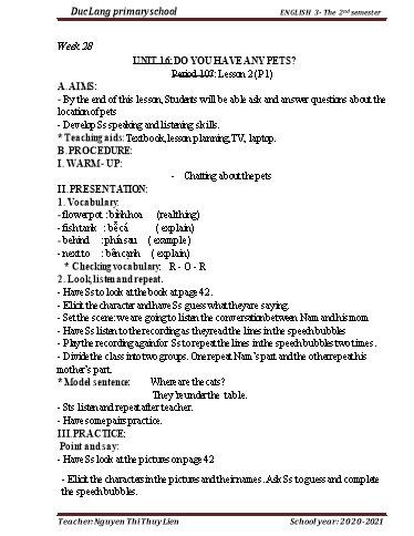 Giáo án Tiếng Anh Lớp 3 - Period 107 to 110 - Unit 16: Do you have any pets? - School year 2020-2021 - Nguyen Thi Thuy Lien