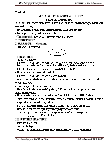 Giáo án Tiếng Anh Lớp 3 - Period 115 to 118 - Unit 17+18 - School year 2020-2021 - Nguyen Thi Thuy Lien