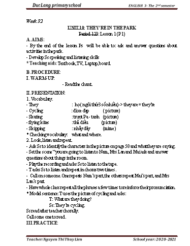 Giáo án Tiếng Anh Lớp 3 - Period 123 to 126 - Unit 19: They’re in the park - School year 2020-2021 - Nguyen Thi Thuy Lien