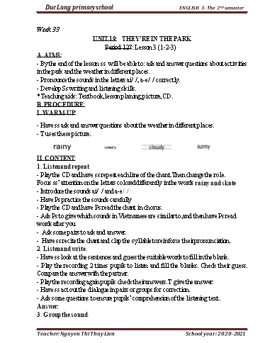 Giáo án Tiếng Anh Lớp 3 - Period 127 to 130 - Unit 19+20 - School year 2020-2021 - Nguyen Thi Thuy Lien