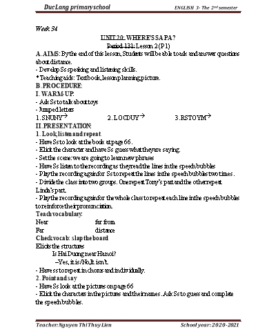 Giáo án Tiếng Anh Lớp 3 - Period 131 to 134 - Unit 20: Where’s Sa pa? - School year 2020-2021 - Nguyen Thi Thuy Lien