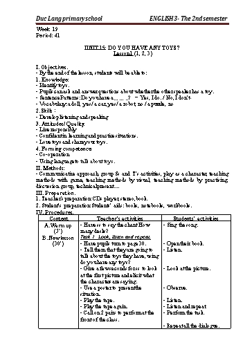 Giáo án Tiếng Anh Lớp 3 - Period 41 to 43 - Unit 15: Do you have any toys?. Lesson 1+2 - School year 2021-2022 - Nguyen Thi Thuy Lien