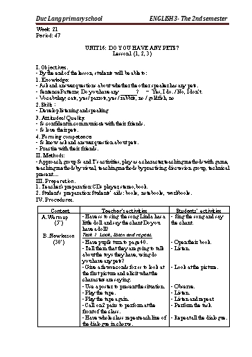 Giáo án Tiếng Anh Lớp 3 - Period 47 to 49 - Unit 16: Do you have any pets?. Lesson 1+2 - School year 2021-2022 - Nguyen Thi Thuy Lien