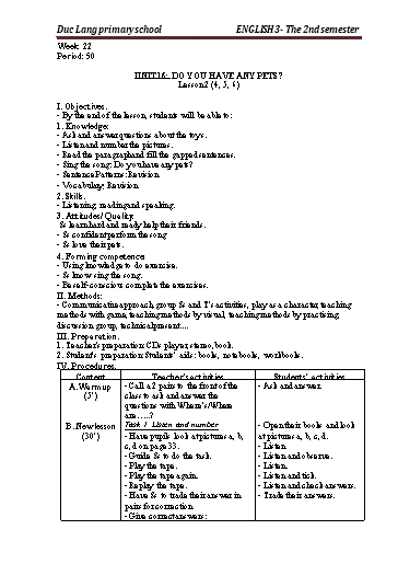 Giáo án Tiếng Anh Lớp 3 - Period 50 to 52 - Unit 16: Do you have any pets?. Lesson 2+3 - School year 2021-2022 - Nguyen Thi Thuy Lien