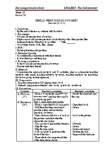 Giáo án Tiếng Anh Lớp 3 - Period 53 to 55 - Unit 17: What toys do you like?. Lesson 1+2 - School year 2021-2022 - Nguyen Thi Thuy Lien