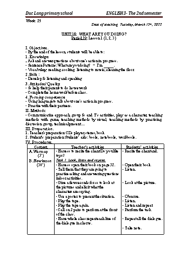 Giáo án Tiếng Anh Lớp 3 - Period 59 to 61 - Unit 18: What are you doing?. Lesson 1+2 - School year 2021-2022 - Nguyen Thi Thuy Lien