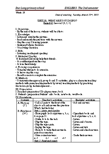 Giáo án Tiếng Anh Lớp 3 - Period 62 to 64 - Unit 18: What are you doing?. Lesson 2+3 - School year 2021-2022 - Nguyen Thi Thuy Lien