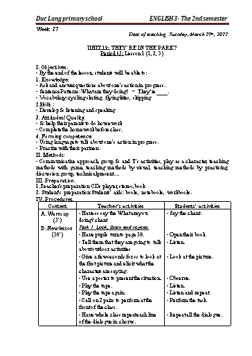 Giáo án Tiếng Anh Lớp 3 - Period 65 to 67 - Unit 19: They’re in the park?. Lesson 1+2 - School year 2021-2022 - Nguyen Thi Thuy Lien