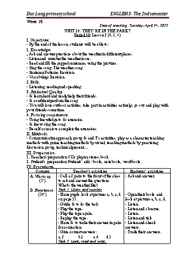 Giáo án Tiếng Anh Lớp 3 - Period 68 to 70 - Unit 19: They’re in the park?. Lesson 2+3 - School year 2021-2022 - Nguyen Thi Thuy Lien