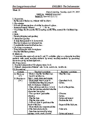 Giáo án Tiếng Anh Lớp 3 - Period 71 to 73 - Unit 20: Where’s sa pa?. Lesson 1+2 - School year 2021-2022 - Nguyen Thi Thuy Lien