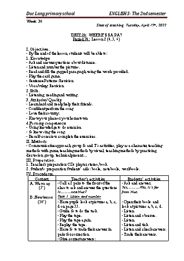 Giáo án Tiếng Anh Lớp 3 - Period 74 to 76 - Unit 20: Where’s sa pa?. Lesson 2+3 - School year 2021-2022 - Nguyen Thi Thuy Lien