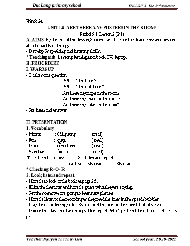 Giáo án Tiếng Anh Lớp 3 - Period 91 to 94 - Unit 14: Are there any posters in the room?. Lesson 2+3 - School year 2020-2021 - Nguyen Thi Thuy Lien