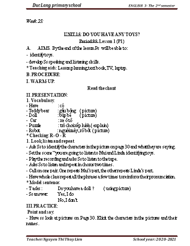 Giáo án Tiếng Anh Lớp 3 - Period 95 to 98 - Unit 15: Do you have any toys?. Lesson 1+2 - School year 2020-2021 - Nguyen Thi Thuy Lien