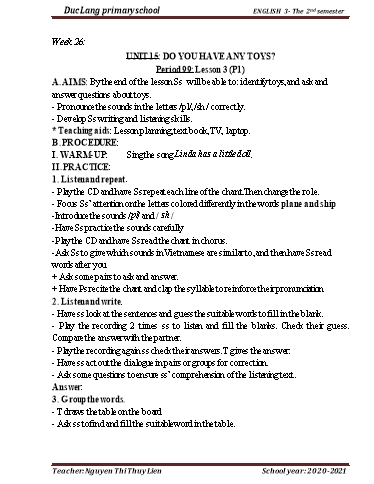 Giáo án Tiếng Anh Lớp 3 - Period 99 to 102 - Unit 15: Do you have any toys?. Lesson 3 - School year 2020-2021 - Nguyen Thi Thuy Lien