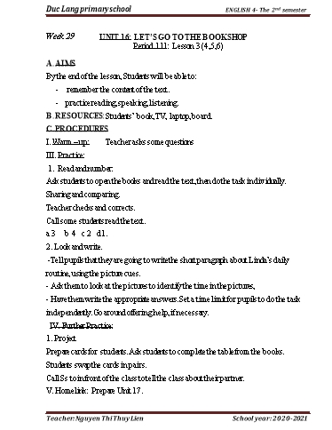 Giáo án Tiếng Anh Lớp 4 - Period 107 to 114 - Unit 16+17 - School year 2020-2021 - Nguyen Thi Thuy Lien