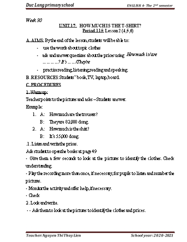 Giáo án Tiếng Anh Lớp 4 - Period 115 to 118 - Unit 17+18 - School year 2020-2021 - Nguyen Thi Thuy Lien
