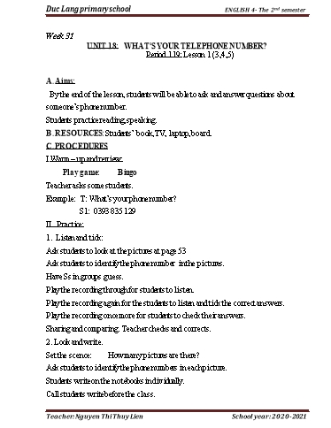 Giáo án Tiếng Anh Lớp 4 - Period 119 to 122 - Unit 18: What’s your telephone number? - School year 2020-2021 - Nguyen Thi Thuy Lien