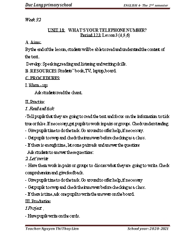 Giáo án Tiếng Anh Lớp 4 - Period 123 to 126 - Unit 18+19 - School year 2020-2021 - Nguyen Thi Thuy Lien