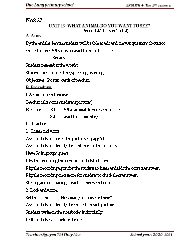 Giáo án Tiếng Anh Lớp 4 - Period 127 to 130 - Unit 19+20 - School year 2020-2021 - Nguyen Thi Thuy Lien