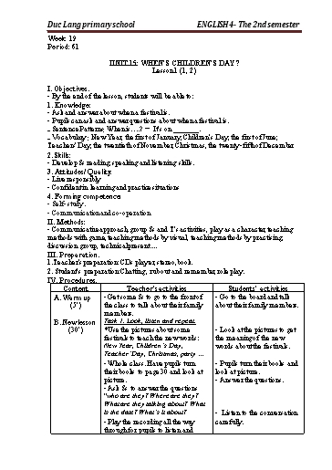 Giáo án Tiếng Anh Lớp 4 - Period 61 to 63 - Unit 15: When’s children’s day?. Lesson 1+2 - School year 2021-2022 - Nguyen Thi Thuy Lien