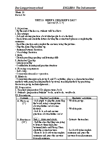 Giáo án Tiếng Anh Lớp 4 - Period 64 to 66 - Unit 15: When’s children’s day?. Lesson 2+3 - School year 2021-2022 - Nguyen Thi Thuy Lien