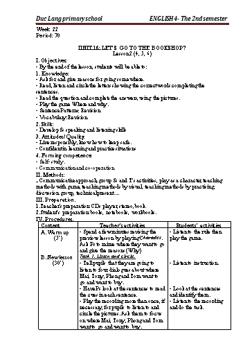 Giáo án Tiếng Anh Lớp 4 - Period 70 to 72 - Unit 16: Let’s go to the bookshop?. Lesson 2+3 - School year 2021-2022 - Nguyen Thi Thuy Lien