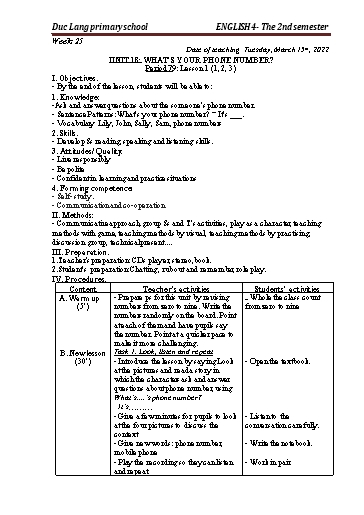Giáo án Tiếng Anh Lớp 4 - Period 79 to 81 - Unit 18: What’s your phone number?. Lesson 1+2 - School year 2021-2022 - Nguyen Thi Thuy Lien