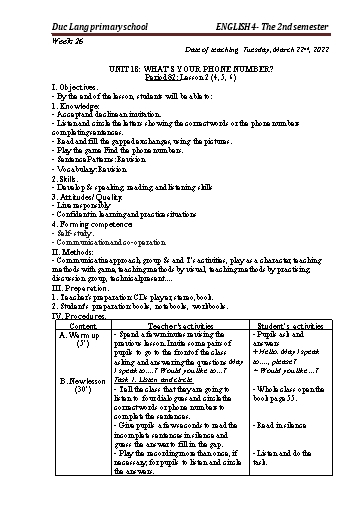 Giáo án Tiếng Anh Lớp 4 - Period 82 to 84 - Unit 18: What’s your phone number?. Lesson 2+3 - School year 2021-2022 - Nguyen Thi Thuy Lien