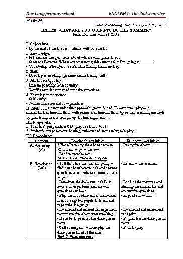 Giáo án Tiếng Anh Lớp 4 - Period 91 to 93 - Unit 20: What are you going to do this summer?. Lesson 1+2 - School year 2021-2022 - Nguyen Thi Thuy Lien