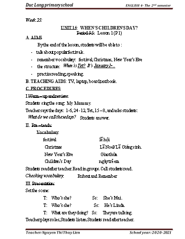 Giáo án Tiếng Anh Lớp 4 - Period 95 to 98 - Unit 15: When’s children’s day?. Lesson 1+2 - School year 2020-2021 - Nguyen Thi Thuy Lien