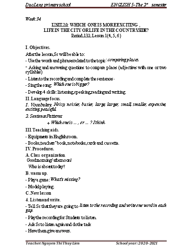 Giáo án Tiếng Anh Lớp 5 - Period 131 to 134 - Unit 20: Which one is more exciting, life in the city or life in the countryside? - School year 2020-2021 - Nguyen Thi Thuy Lien