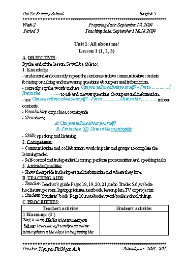 Giáo án Tiếng Anh Lớp 5 - Period 5 to 8, Unit 1: All about me!. Lesson 1+2 - School year 2024-2025 - Nguyen Thi Ngoc Anh