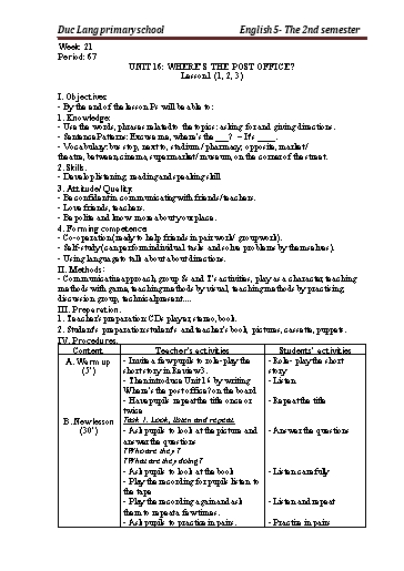 Giáo án Tiếng Anh Lớp 5 - Period 67 to 69 - Unit 16: Where’s the post office?. Lesson 1+2 - School year 2021-2022 - Nguyen Thi Thuy Lien