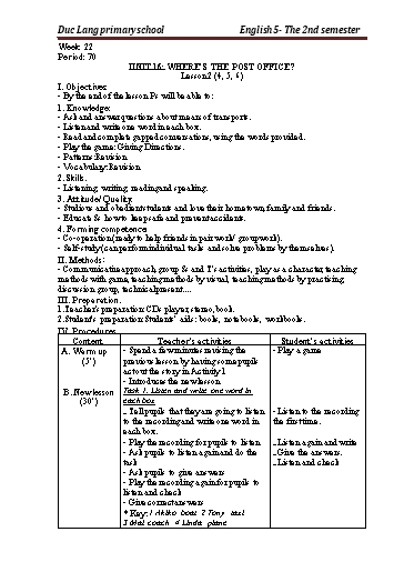 Giáo án Tiếng Anh Lớp 5 - Period 70 to 72 - Unit 16: Where’s the post office?. Lesson 2+3 - School year 2021-2022 - Nguyen Thi Thuy Lien