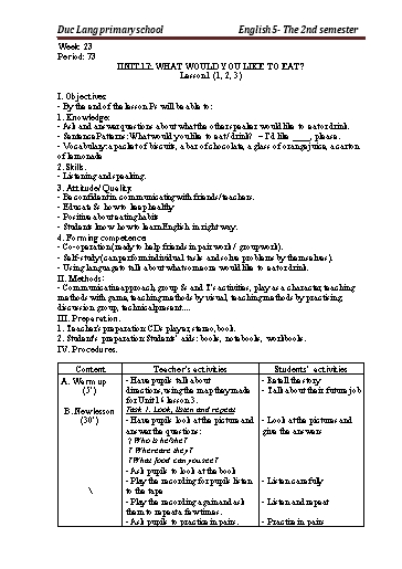 Giáo án Tiếng Anh Lớp 5 - Period 73 to 75 - Unit 17: What would you like to eat?. Lesson 1+2 - School year 2021-2022 - Nguyen Thi Thuy Lien