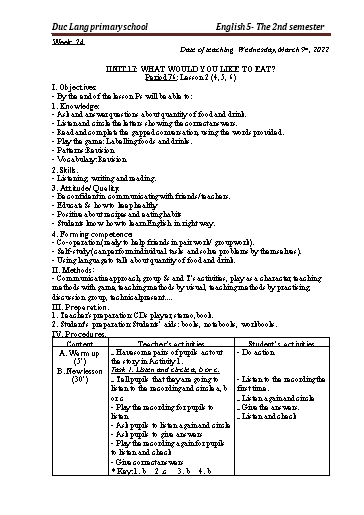 Giáo án Tiếng Anh Lớp 5 - Period 76 to 78 - Unit 17: What would you like to eat?. Lesson 2+3 - School year 2021-2022 - Nguyen Thi Thuy Lien