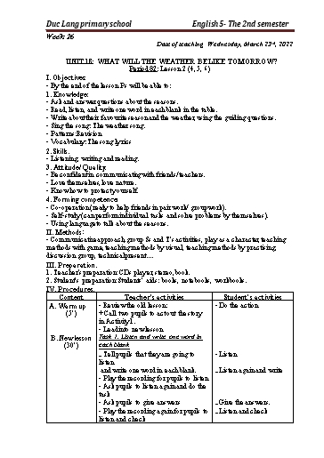 Giáo án Tiếng Anh Lớp 5 - Period 82 to 84 - Unit 18: What will the weather be like tomorrow?. Lesson 2+3 - School year 2021-2022 - Nguyen Thi Thuy Lien