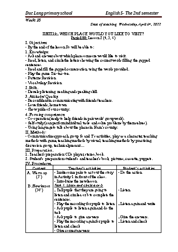 Giáo án Tiếng Anh Lớp 5 - Period 88 to 90 - Unit 19: Which place would you like to visit?. Lesson 2+3 - School year 2021-2022 - Nguyen Thi Thuy Lien