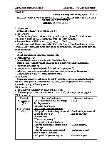 Giáo án Tiếng Anh Lớp 5 - Period 91 to 93 - Unit 20: Which one is more exciting, life in the city or life in the countryside?. Lesson 1+2 - School year 2021-2022 - Nguyen Thi Thuy Lien