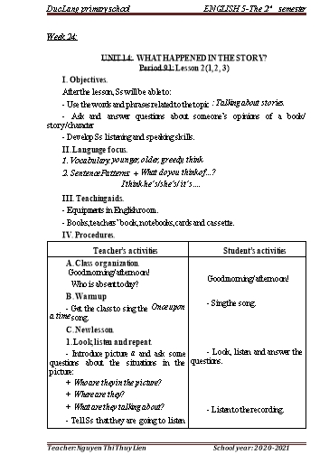 Giáo án Tiếng Anh Lớp 5 - Period 91 to 94 - Unit 14: What happened in the story?. Lesson 2+3 - School year 2020-2021 - Nguyen Thi Thuy Lien